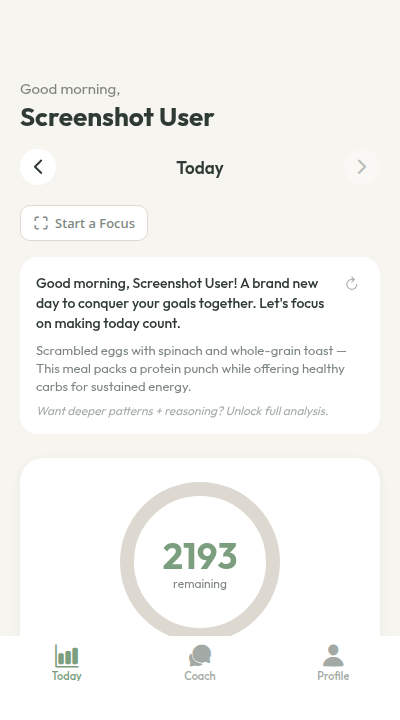 Dashboard showing daily calorie and macro tracking